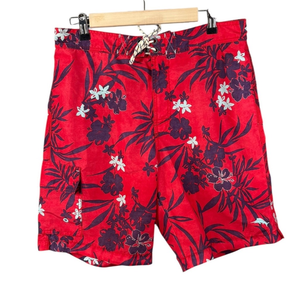 Tommy Bahama Relax Mens Red Tropical Floral Board Shorts Swim Trunks Size Medium